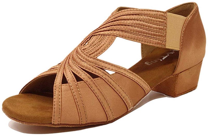 YYTing Low Heel Women Ballroom Dance Shoes Salsa Batchata Social Beginner Practice Wedding Dancing 1.5'' Heels YT04(9, Tan) - Image 4